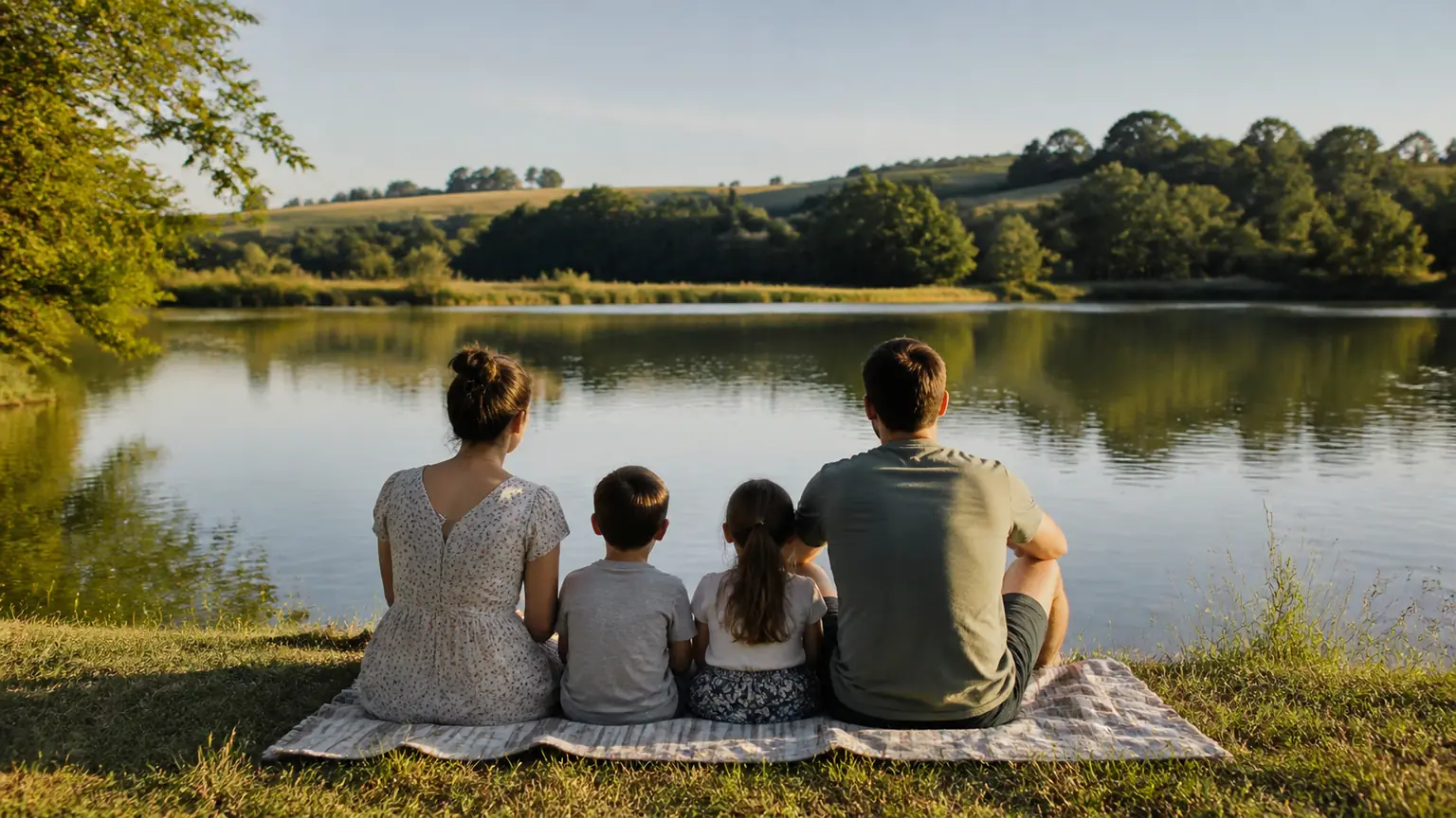 Une famille profite d'un séjour nature dans le Gers près d'un plan d'eau
