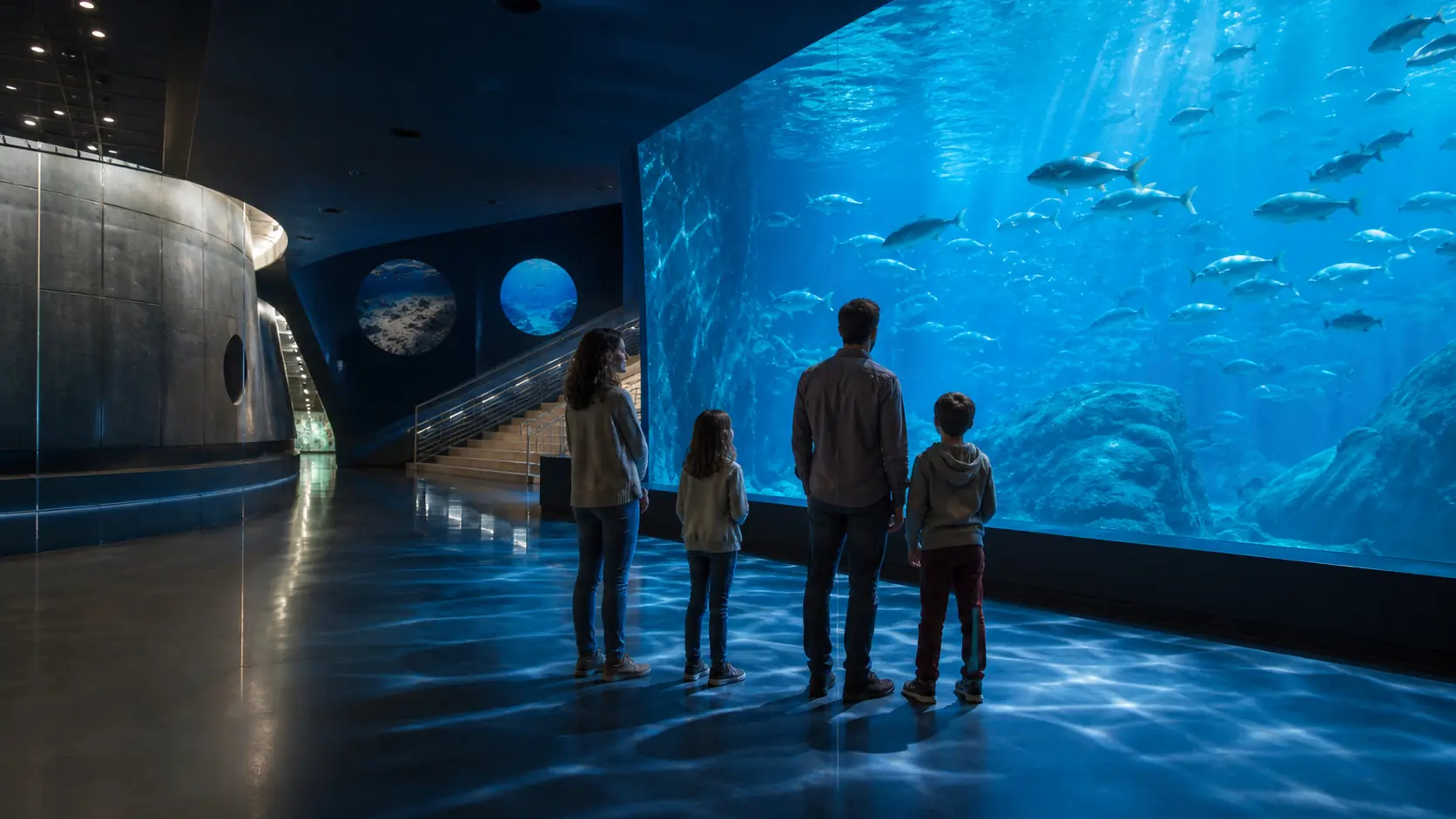 Famille observant un grand aquarium dans un espace consacré à l'exploration sous-marine
