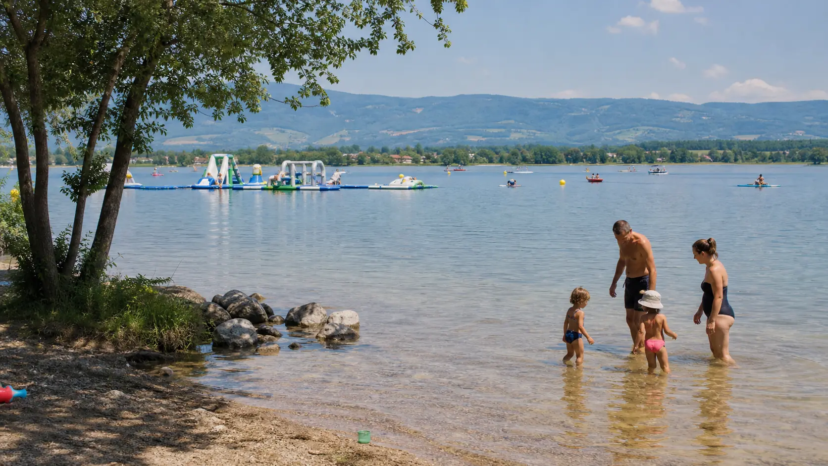 Famille profitant de la plage et des activités nautiques au bord d'un grand lac