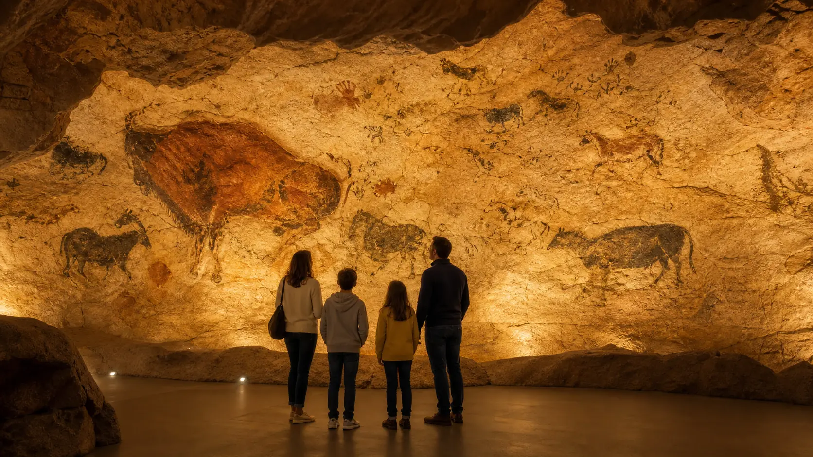 Famille observant des représentations d'animaux préhistoriques sur une paroi de grotte