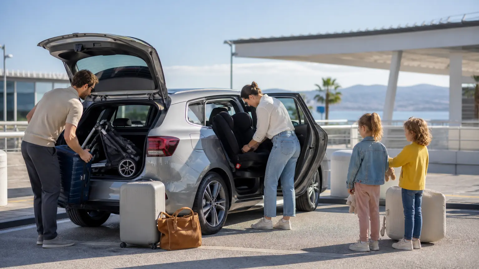 Famille préparant une voiture de location avec bagages et siège enfant pour un séjour à Nice