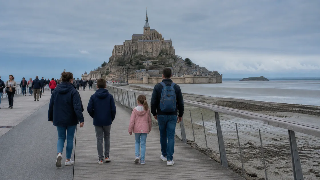 Une famille rejoint le Mont-Saint-Michel à pied par la passerelle