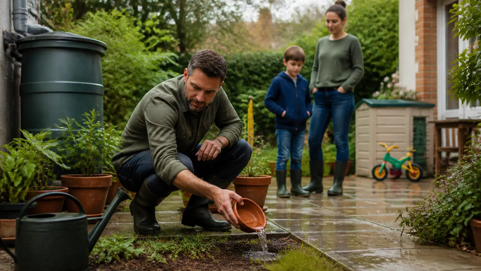Adulte inspectant le jardin pour limiter les zones favorables au moustique tigre