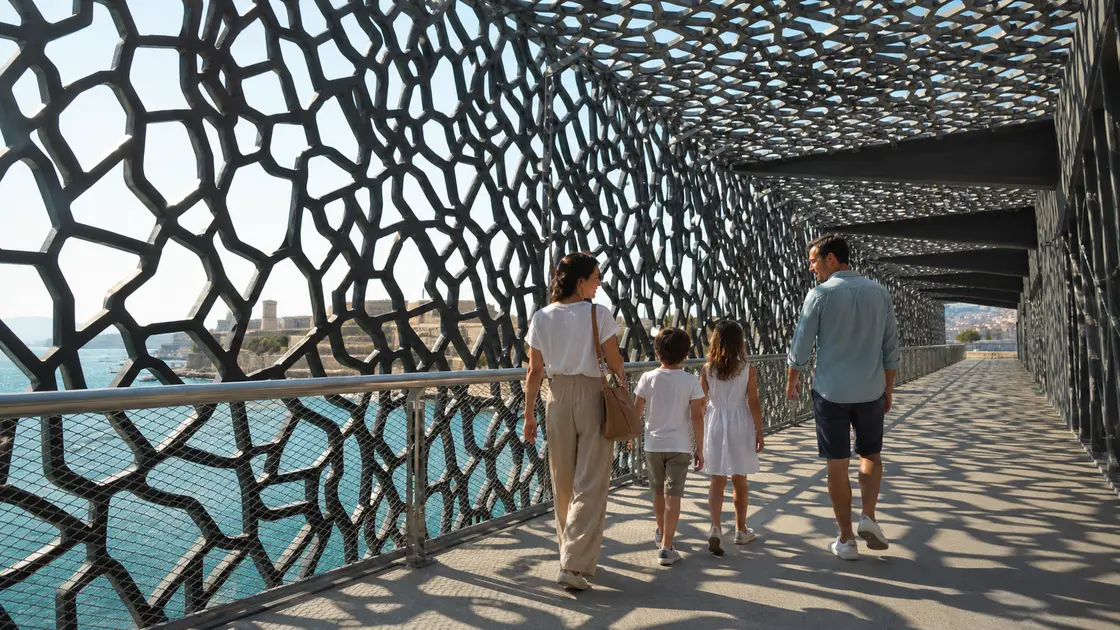 Une famille marche sous la résille du Mucem avec la Méditerranée en arrière-plan