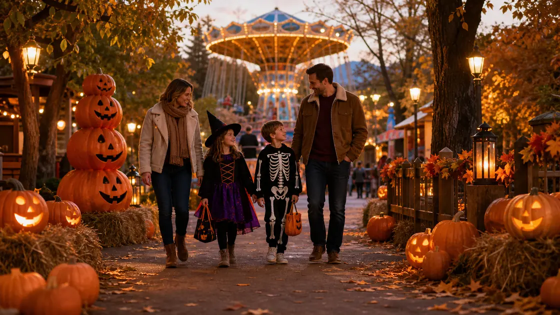 Une famille en costumes d’Halloween marche parmi des citrouilles dans un parc d’attractions
