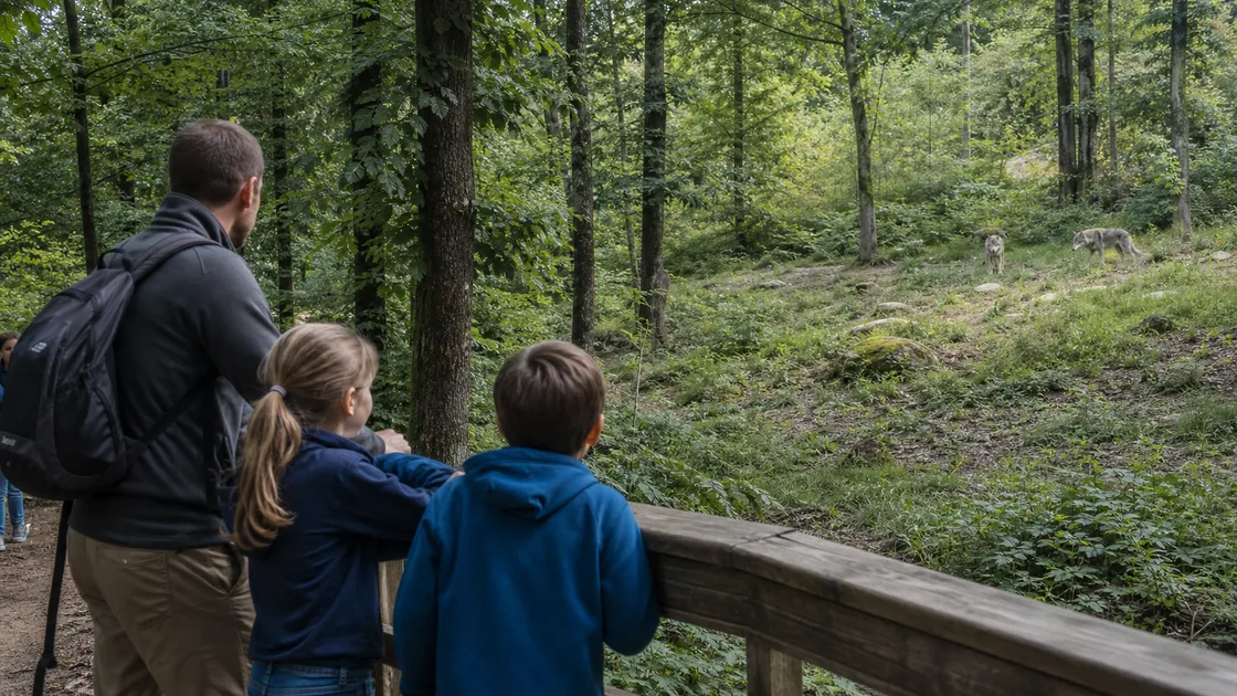 Une famille observe des loups à distance dans la forêt du Parc de Courzieu