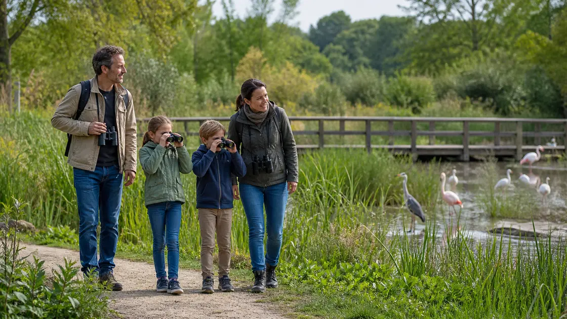 Une famille observe des oiseaux avec des jumelles dans un parc ornithologique