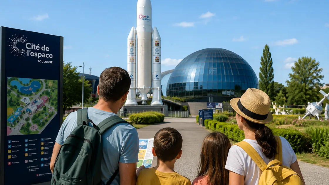 Une famille découvre la Cité de l'espace à Toulouse devant la fusée Ariane