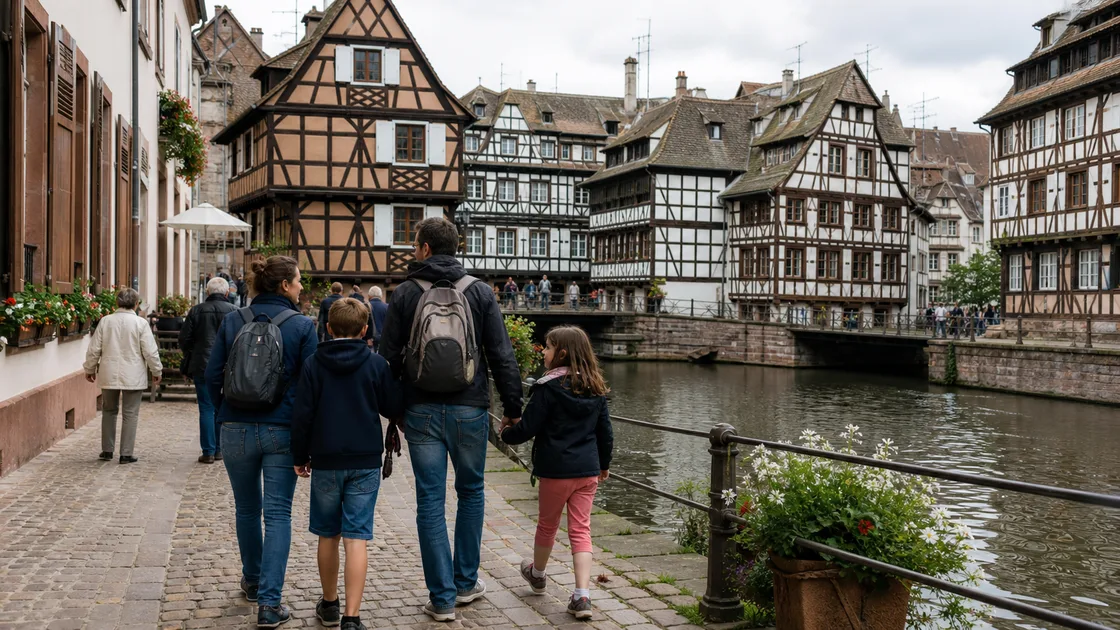 Une famille se promène le long des canaux du centre historique de Strasbourg