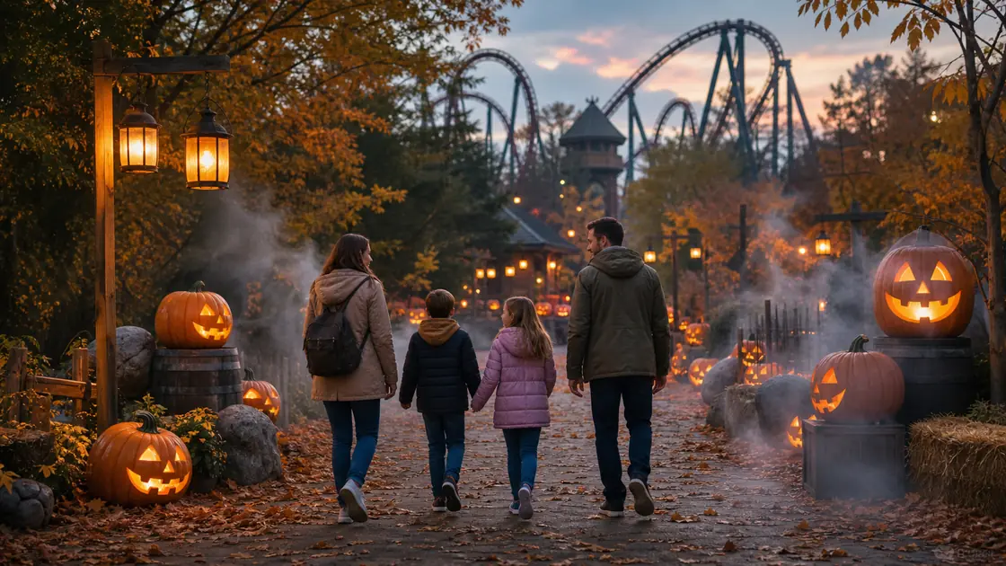 Une famille marche parmi des citrouilles et une légère brume dans un parc d’attractions en automne