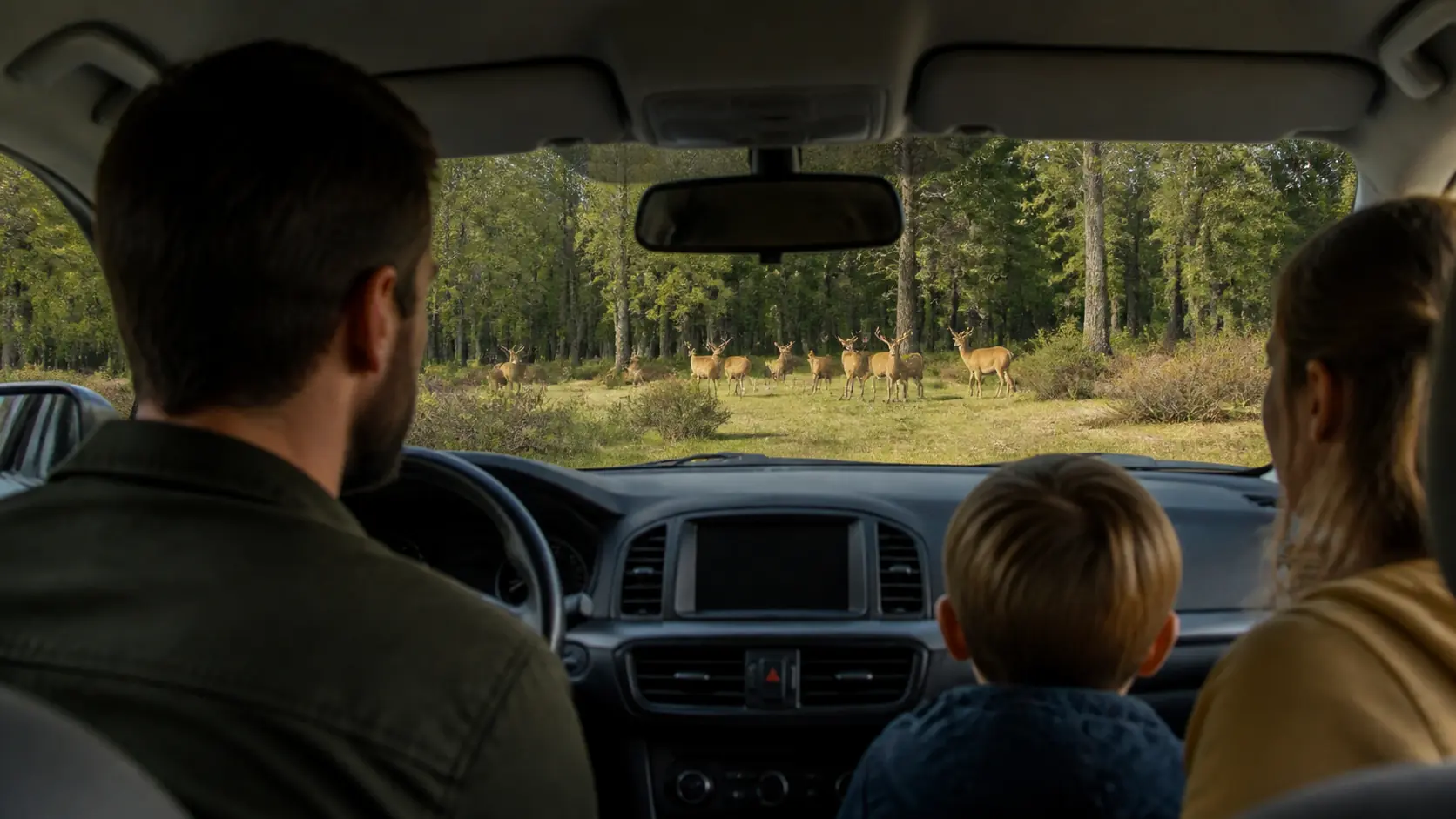 Famille observant des cervidés depuis une voiture dans une grande réserve boisée