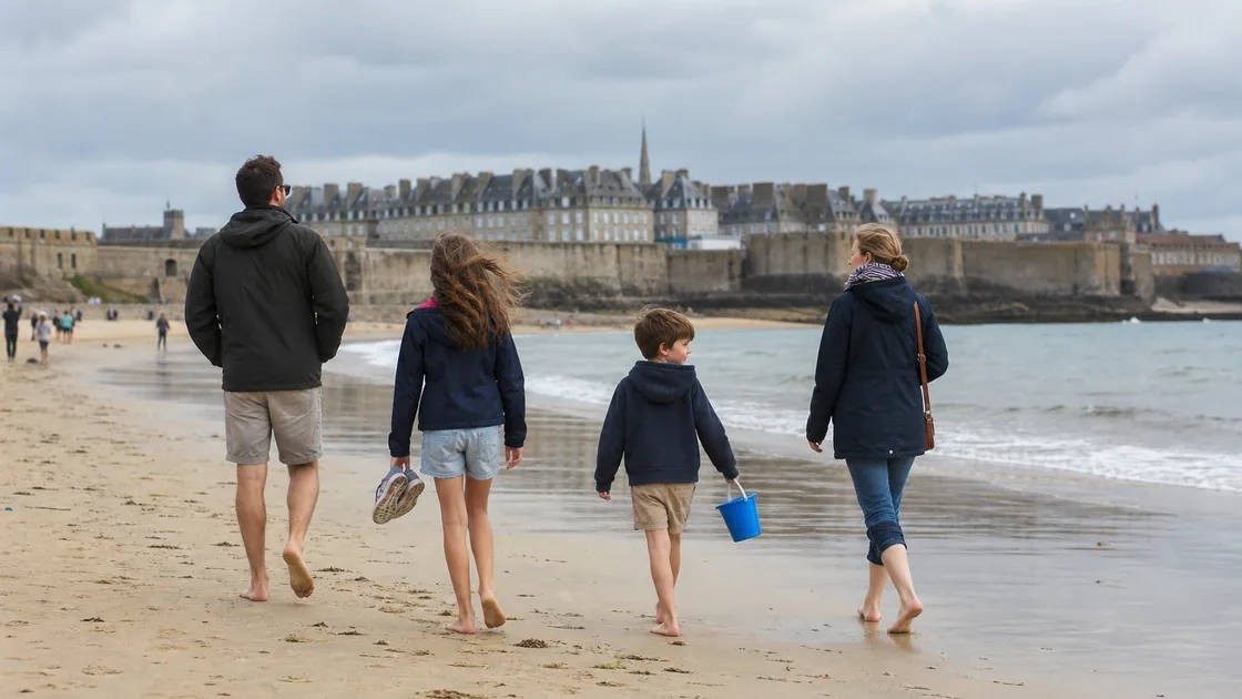 Une famille marche sur la plage devant les remparts de Saint-Malo