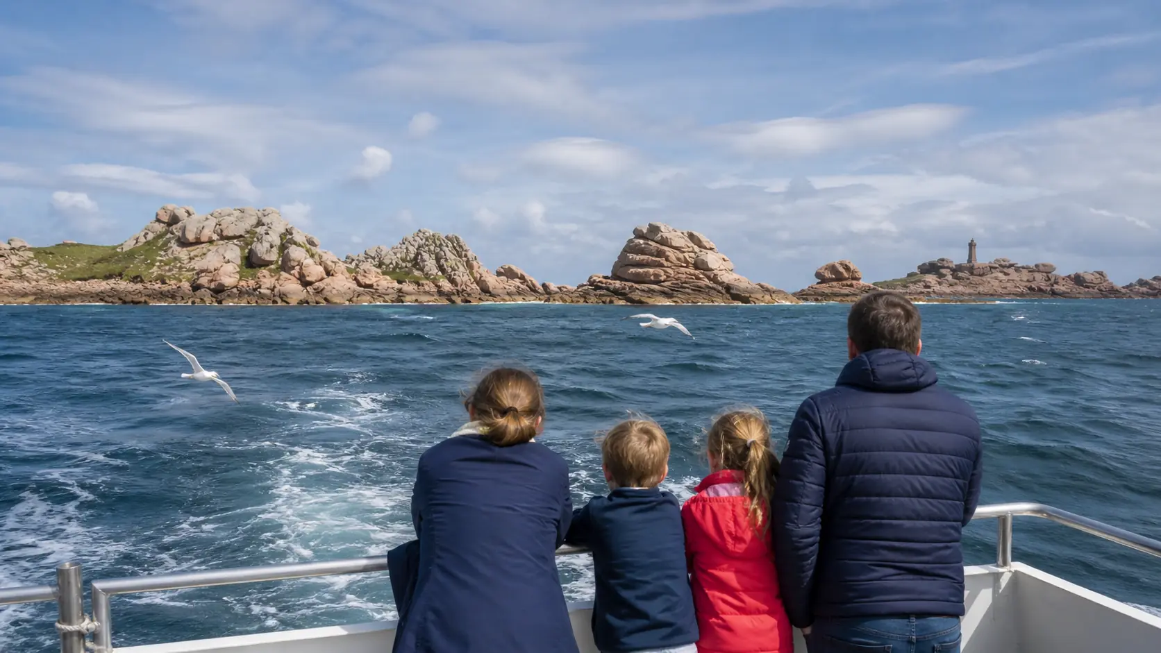 Famille observant les oiseaux marins depuis un bateau au large de la Côte de Granit Rose