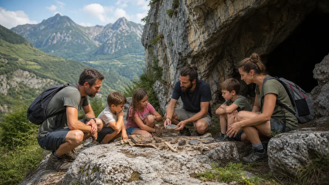 Une famille découvre un site consacré à la préhistoire dans un paysage de montagne en Ariège
