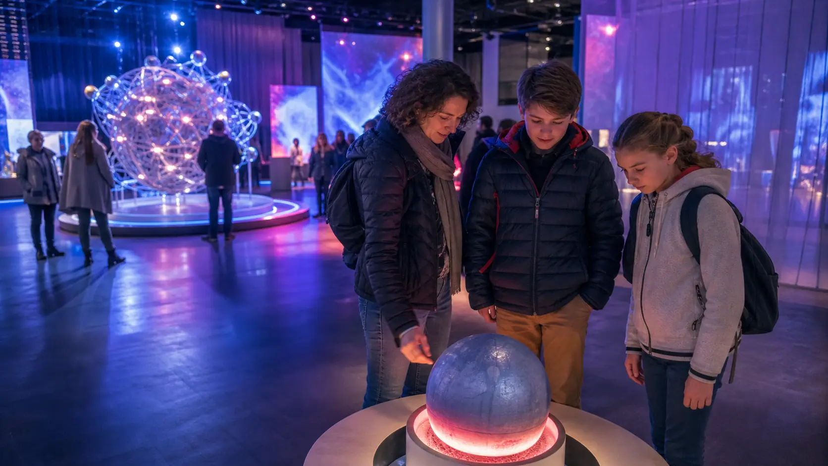 Famille découvrant une installation de science-fiction dans un festival culturel