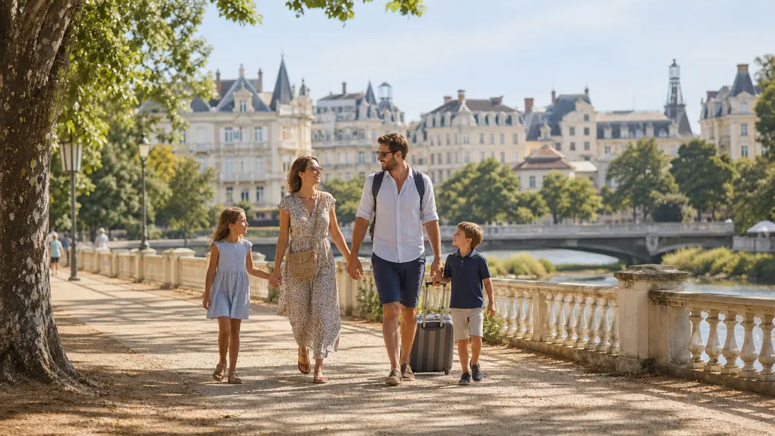 Une famille en séjour se promène à Vichy près de l'Allier et de l'architecture caractéristique de la ville