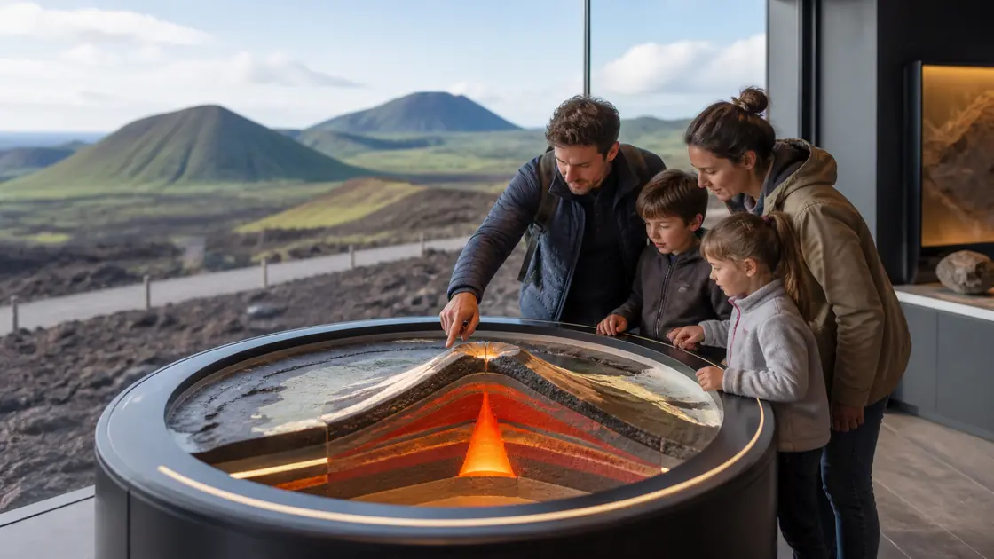 Une famille découvre une maquette pédagogique de volcan devant un paysage volcanique d’Auvergne