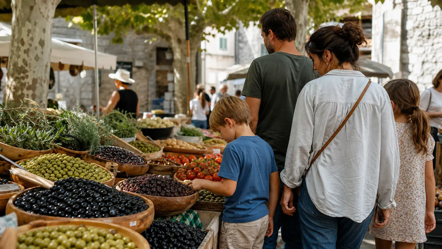 Famille découvrant un marché provençal avec olives et produits locaux à Nyons