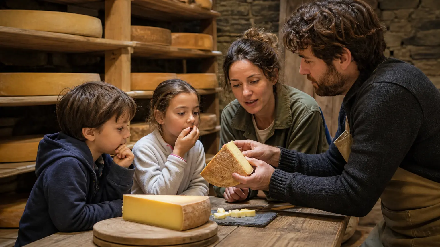 Famille découvrant le Comté dans une ambiance gourmande et jurassienne