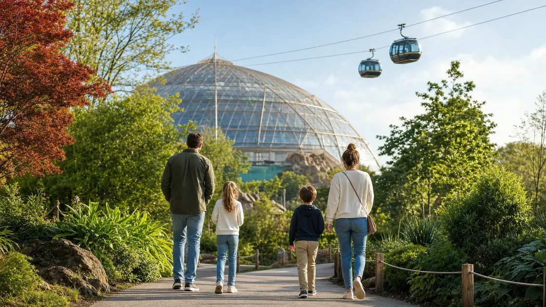 Une famille marche vers le Dôme Équatorial du ZooParc de Beauval sous les télécabines