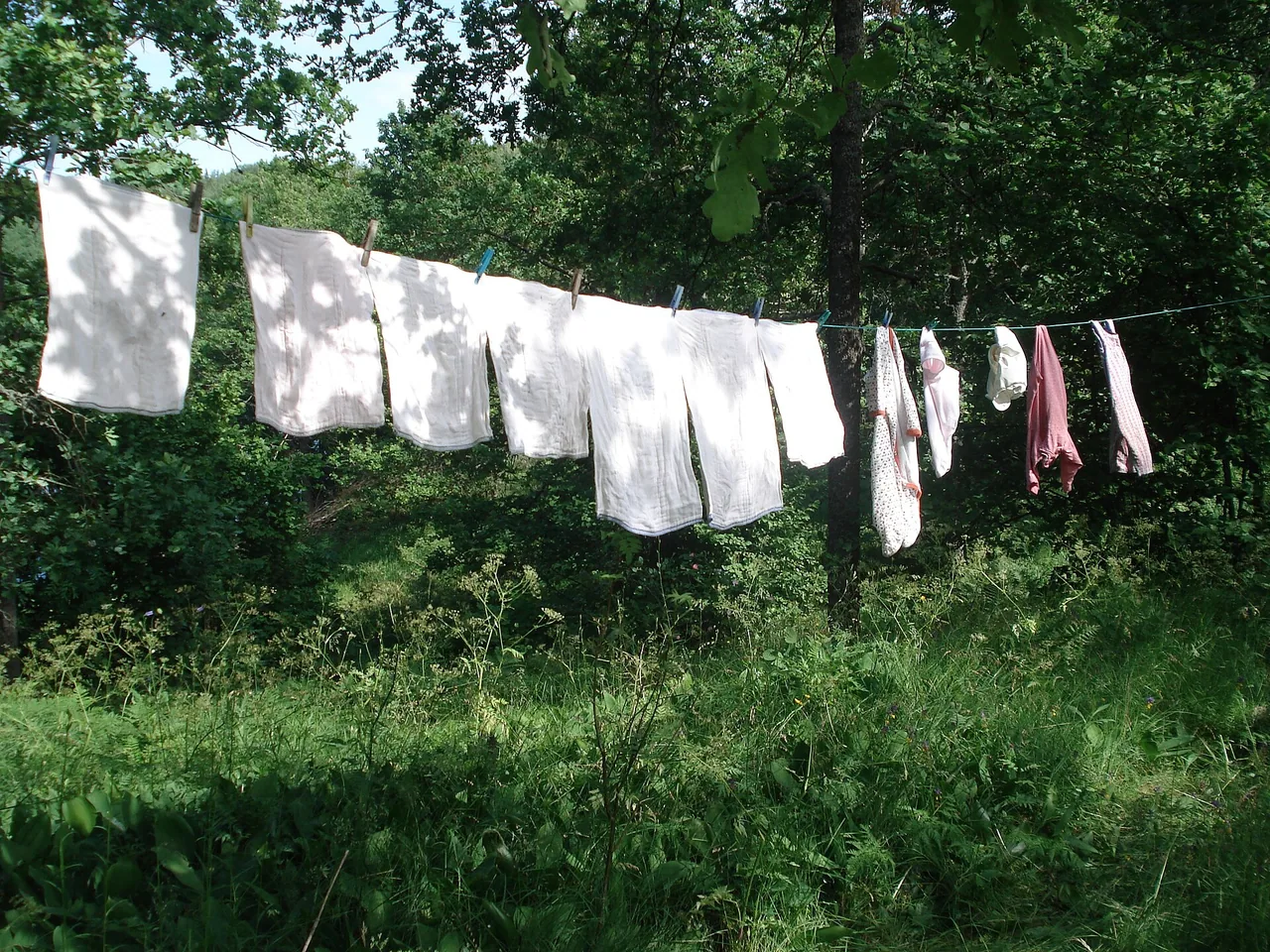 Couches lavables mises à sécher sur une corde à linge