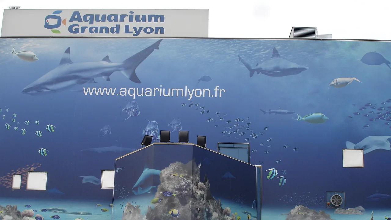 Façade de l'Aquarium du Grand Lyon à La Mulatière, ornée d'une fresque marine, photographiée en 2010.