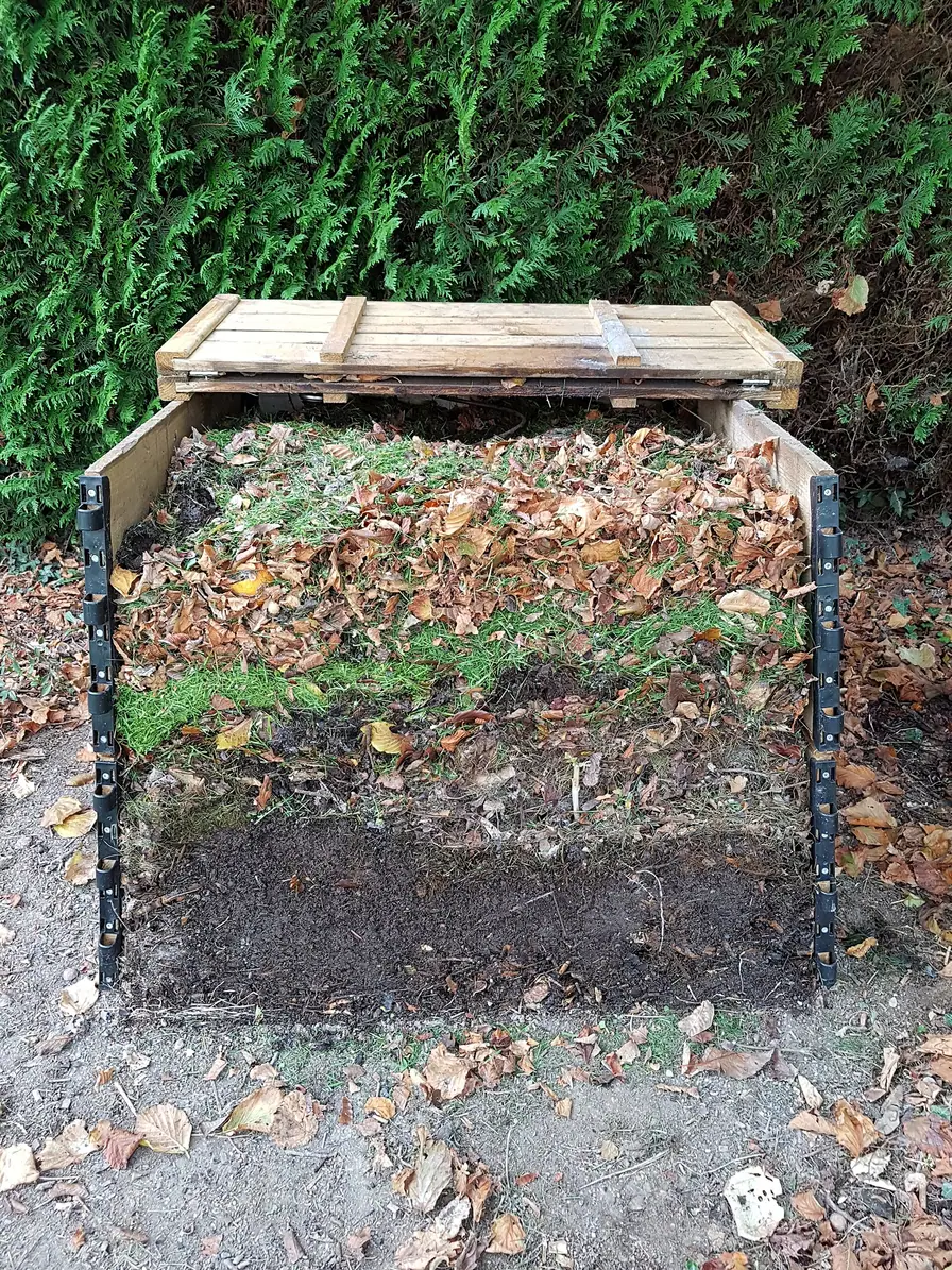 Intérieur d'un composteur domestique montrant plusieurs couches de matière en décomposition