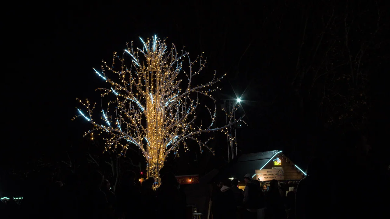Décoration lumineuse en forme d'arbre au marché de Noël de Montpellier, photographiée lors d'une édition précédente