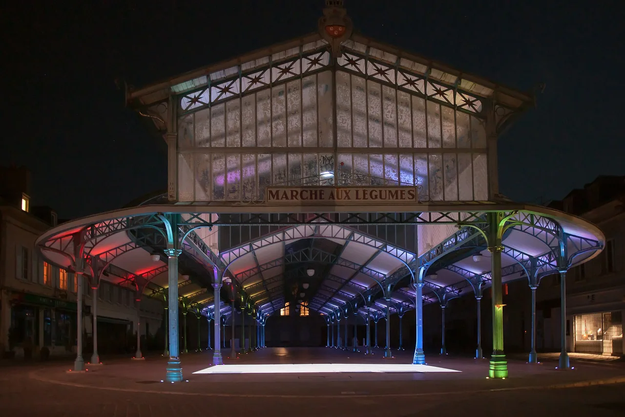 Halle du marché aux légumes de Chartres éclairée de couleurs pendant Chartres en lumières en 2015