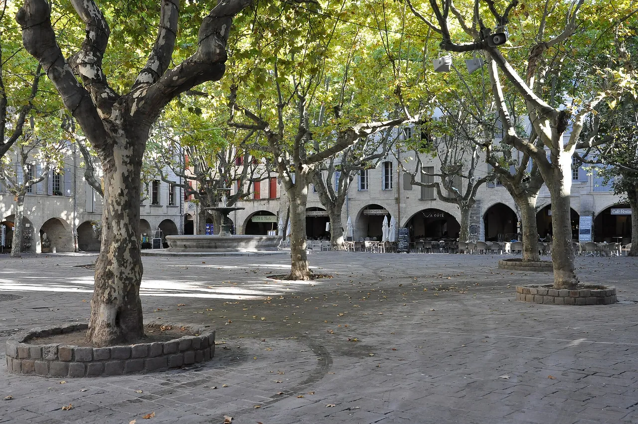 Vue de la place aux Herbes et de ses arcades dans le centre historique d'Uzès