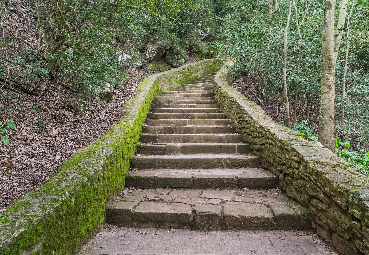 Escalier d'un sentier de randonnée près du Pont du Gard, montrant le relief à pied