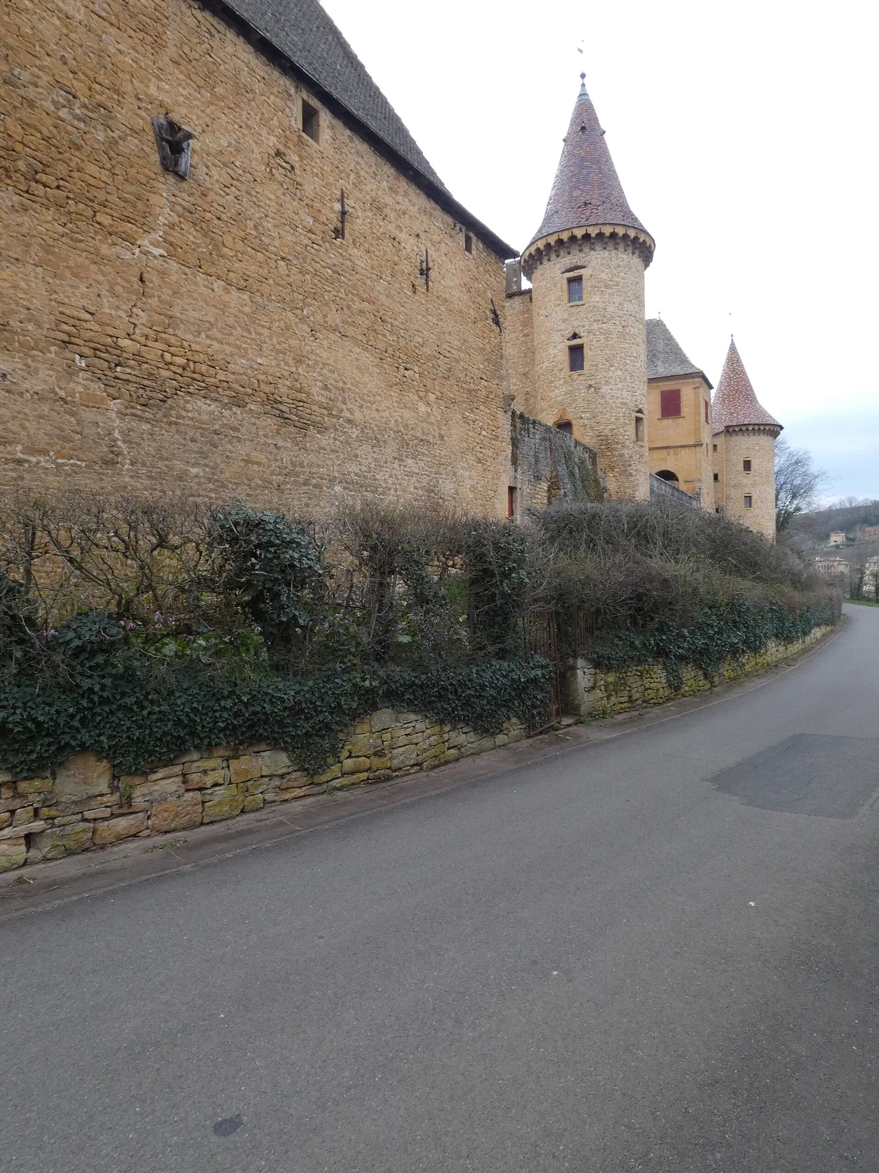 Tours du château de Jarnioux vues depuis la rue du Château, étape patrimoniale du village